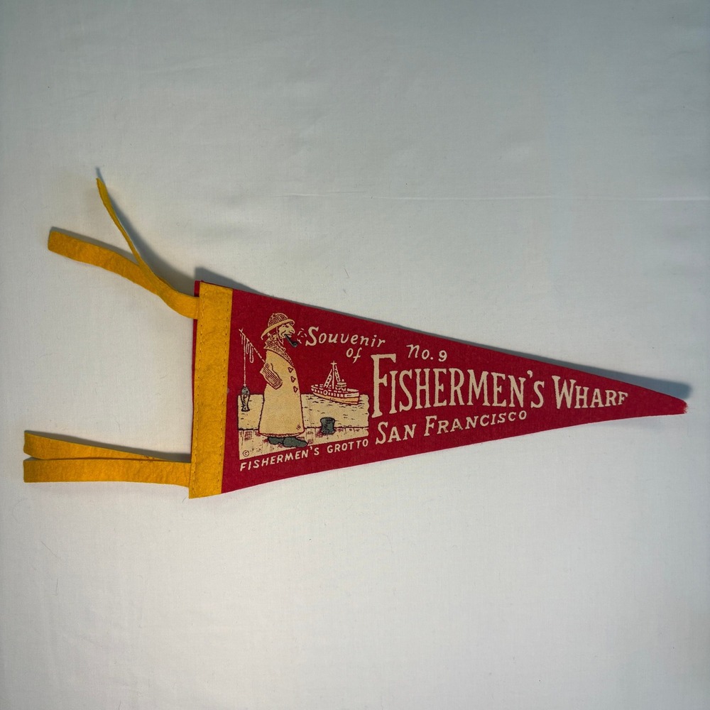 Vintage 1940s Fishermens Grotto No 9 San Francisco Felt Pennant Souvenir Red
